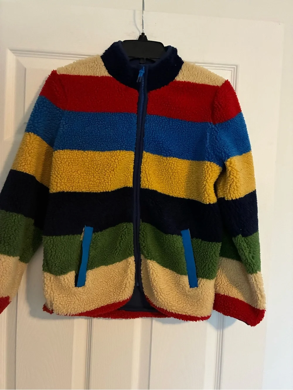 Boden Kids' Multicolor Striped Fleece Jacket - Navy/Red/Yellow/Green Size 10-11